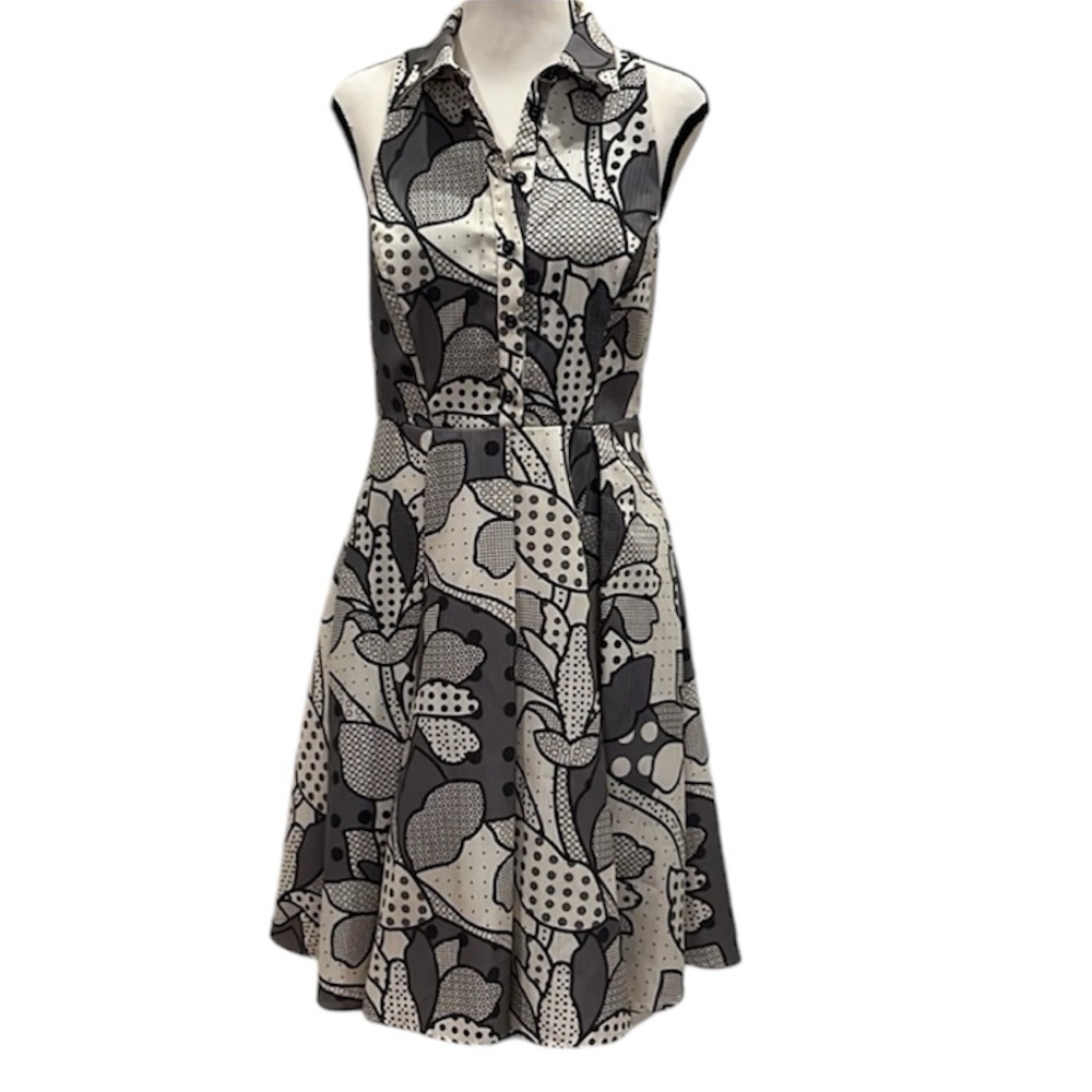 Eva Franco Anthropologie Halter Midi Dress Floral Polka Dots Black Gray Size 8